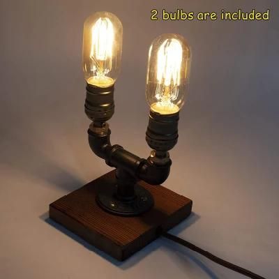 Dimmable Loft Style Steampunk Wood Base Pipe Desk Lamp with Dimmer 2 Bulbs