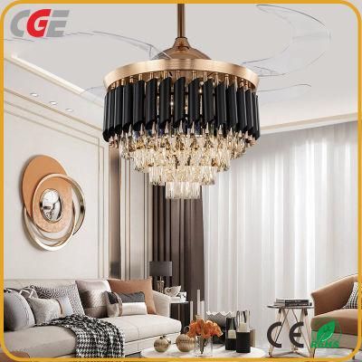 High Quality 42 Inch Luxury Invisible ABS Blade Fan Chandelier Lighting Remote Control Black Crystal Chandelier LED Ceiling Fan