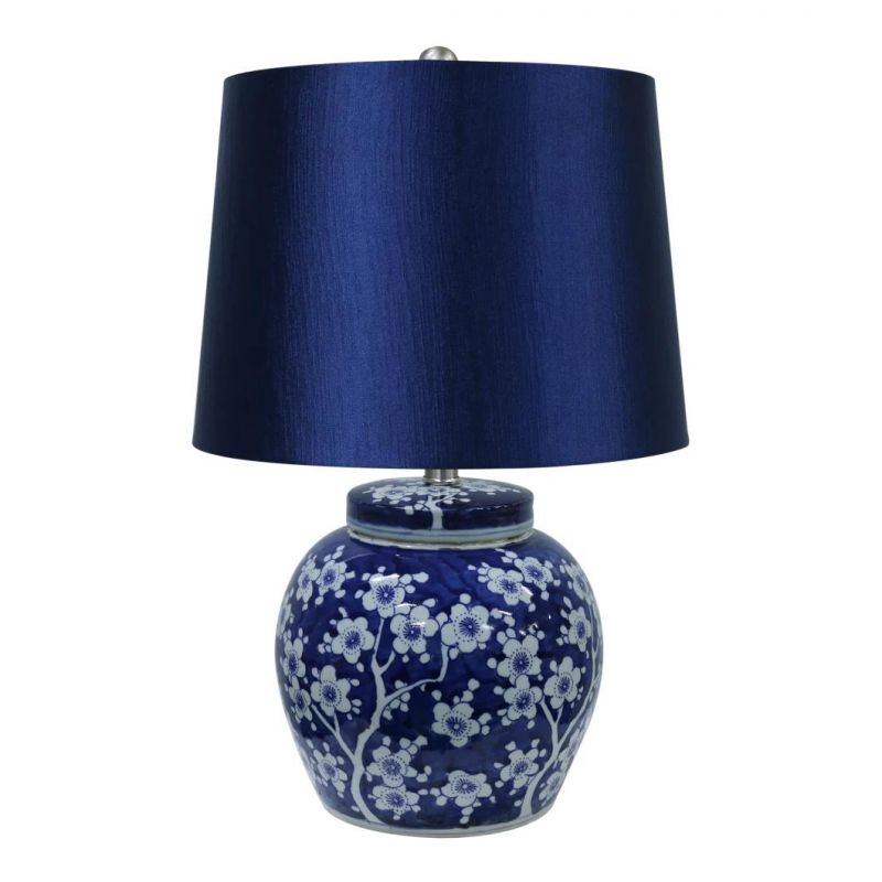 Porcelain Blue Table Lamp Modern Custom Simple Design Ceramic Light Fancy Bedside Lamps with Fabric Shade