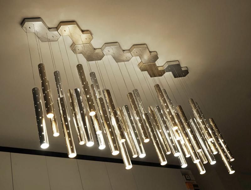 Simple Modern Stainless Steel Tube Living Room Dining Room Villa Staircase LED Chandelier Pendant Lighting