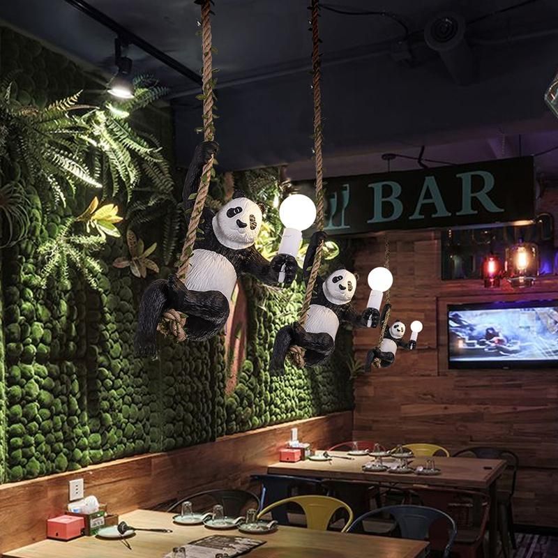 Vintage Resin Panda Chandelier Lighting Nordic Hemp Rope Light Panda Chandelier Zoo Decorative Lamp (WH-VP-149)