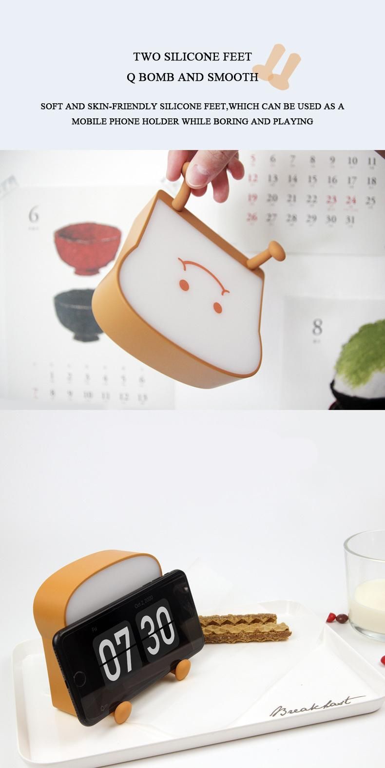 LED Bedroom USB Silicone Phone Stand Bedside Cartoon Cute Toast Night Light