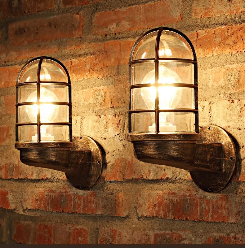 Indoor or Outdoor American Iron Retro Square Wall Lamps with Glass Lampshade for Home Decoration