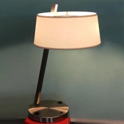 Satin Nickel Metal Rod and White Fabric Shade Table Lamp.