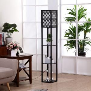 Asian Tower Book Shelves, Combo Narrow Side Table with Standing Accent Light Attached, 3 Tier Floor Lamp