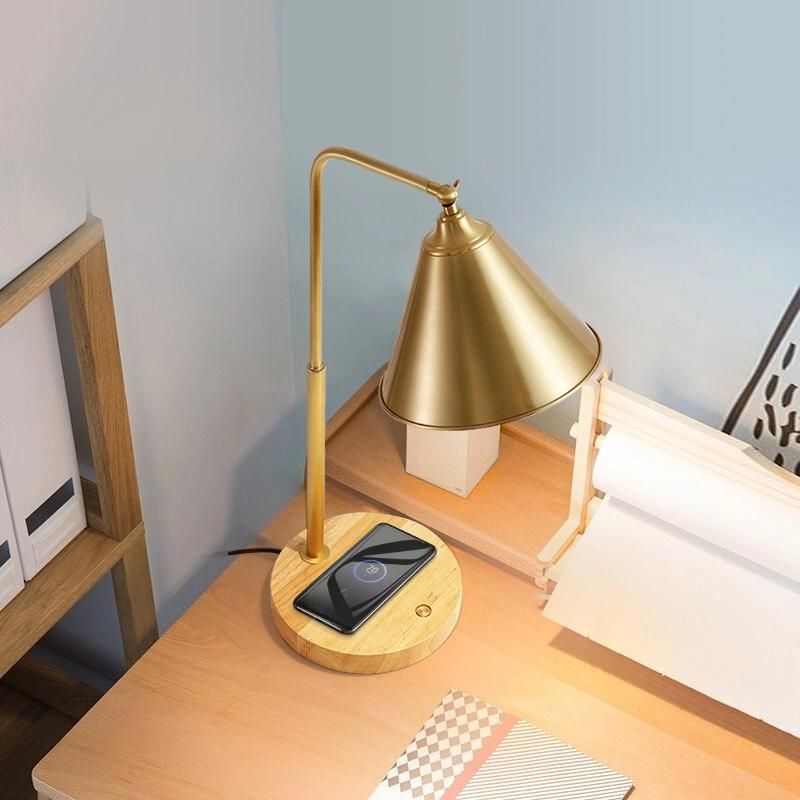 Jlt-9326 Brass Metal Shade Adjustable Table Lamp with Qi Wireless Charger & USB Charging Port for Mobile Phone