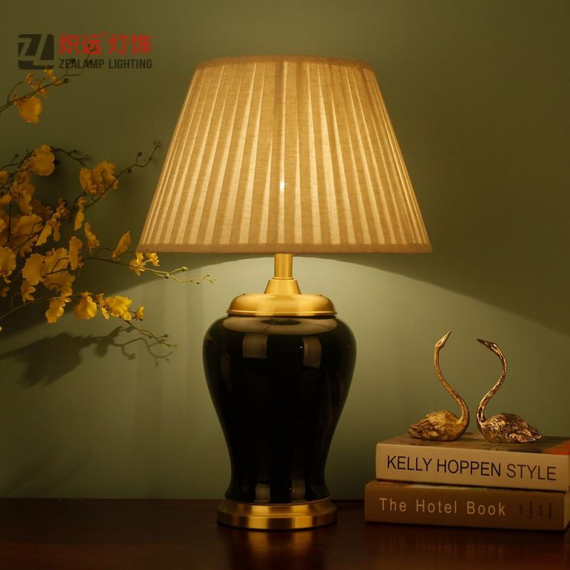 White Bell Shade Dark Green Ceramic Table Lamp (TL8062)