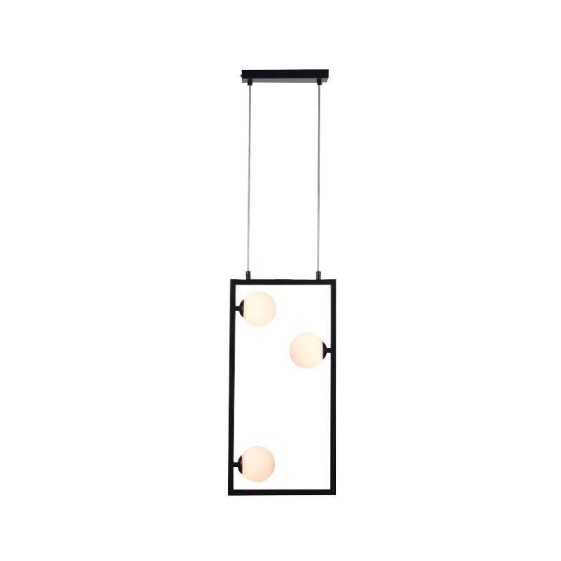 Three Lite Opal Ball Pendant Lamp with Black Rectangle Frame