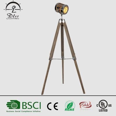 Vintage Wood&Steel Tripod Standing Floor Lamp for Interior Decoration