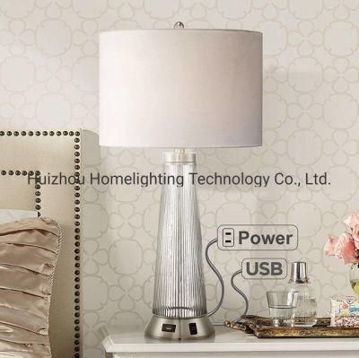 Jlt-Ht12 Modern Ribbed Glass Table Lamp with USB and AC Power Outlet in Base