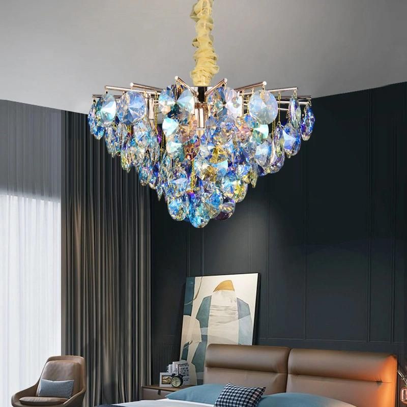 Postmodern Living Room Copper Branch LED Light Artistic Dining Room Brass Luxury Blue Crystal Chandelier