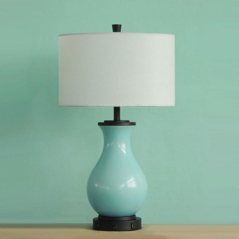 Blue Ceramic and Fabric Shade Fluorescent Desk Lamp with Power USB Outlet