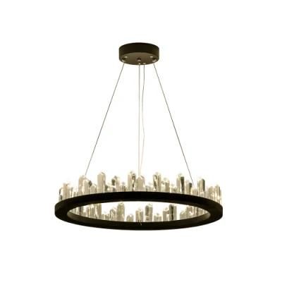 Farmhouse Kitchen Industrial Black Round Natural Stone Hanging Lamp Iron Ring LED Crystal Pendant Light Fixtures for Hotel