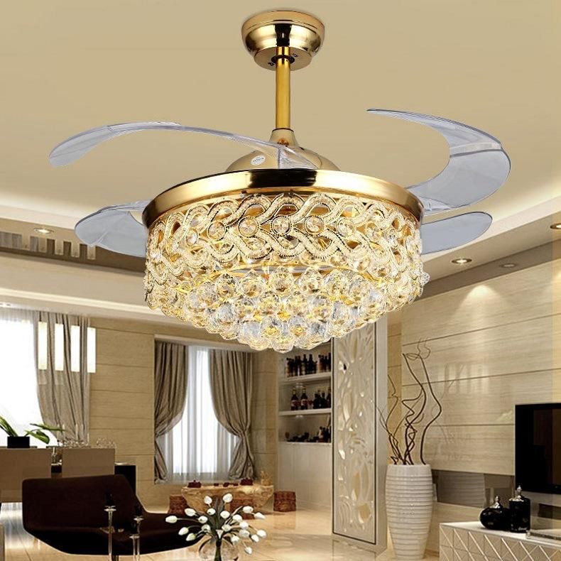 Luxury Golden LED Chandelier Lighting Remote Control Fancy Pendant Lamp Hotel Modern Crystal Ceiling Fan with Light Home