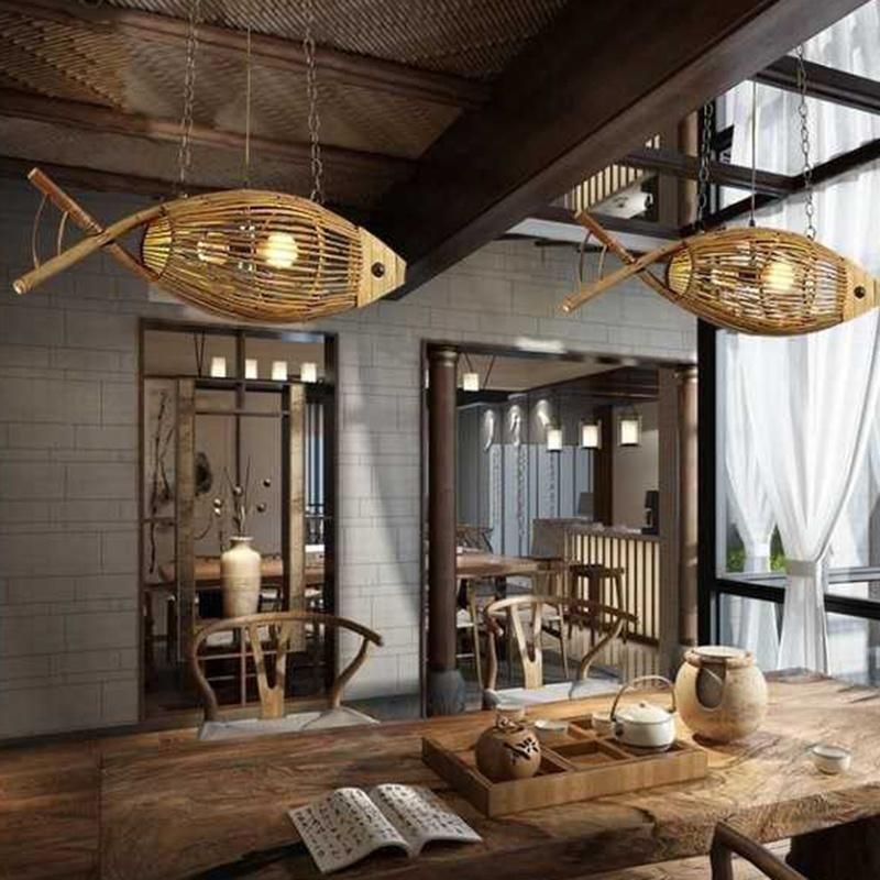 Fish Pendant Lamps Handmade Wood Weaving Pendant Light Hanging Lamp (WH-WP-46)