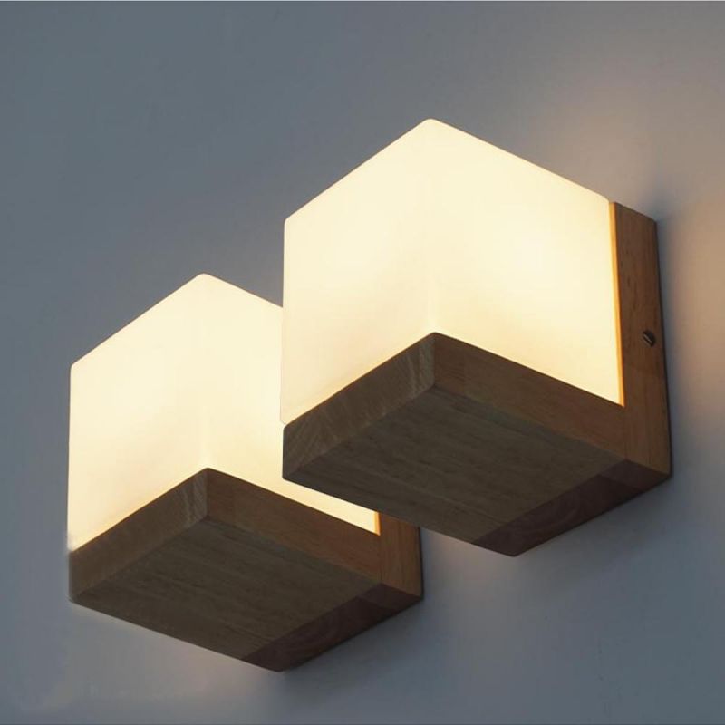Modern Oak Wood Cube Sugar Shade Wall Lamp Bedroom Wooden Cube Wall Light (WH-OR-126)