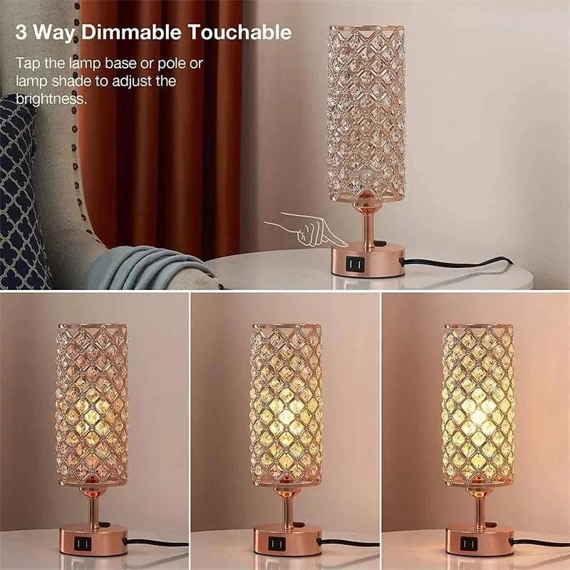 Touch Control Crystal Table Lamp Set of 2 Bedside Nightstand Lamps with 2 USB Charging Ports, Outlet, K9 Crystal Decorat