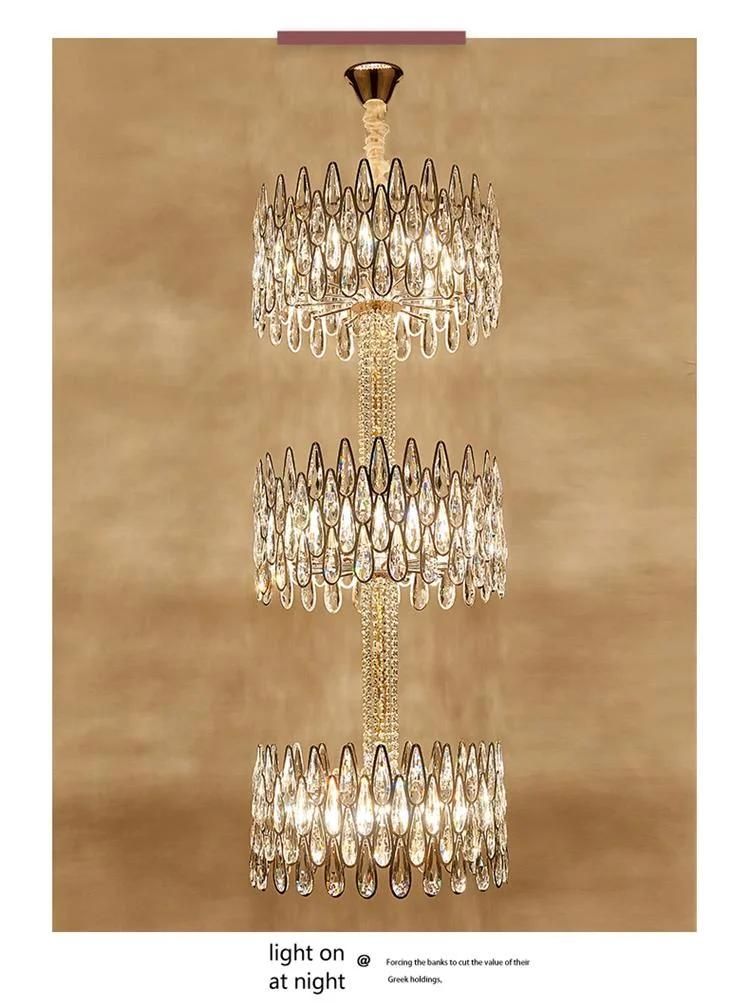 Hotel Home Decor Indoor Luxury Art Design Hanging Light Modern Gold Three Layers Stairwell Crystal Pendant Lamp