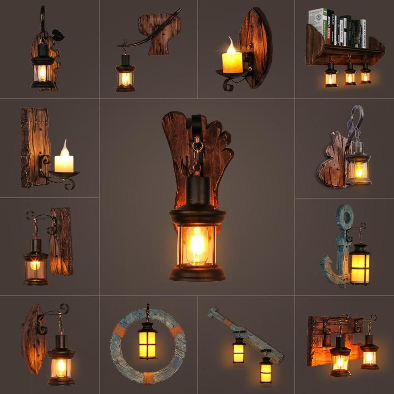 Amazon Hot Sale Indoor Cafe Iron Retro Wall Mounted Metal Wood Bar Lamp LED Loft Rustic Vintage Industrial Wooden Wall Lights