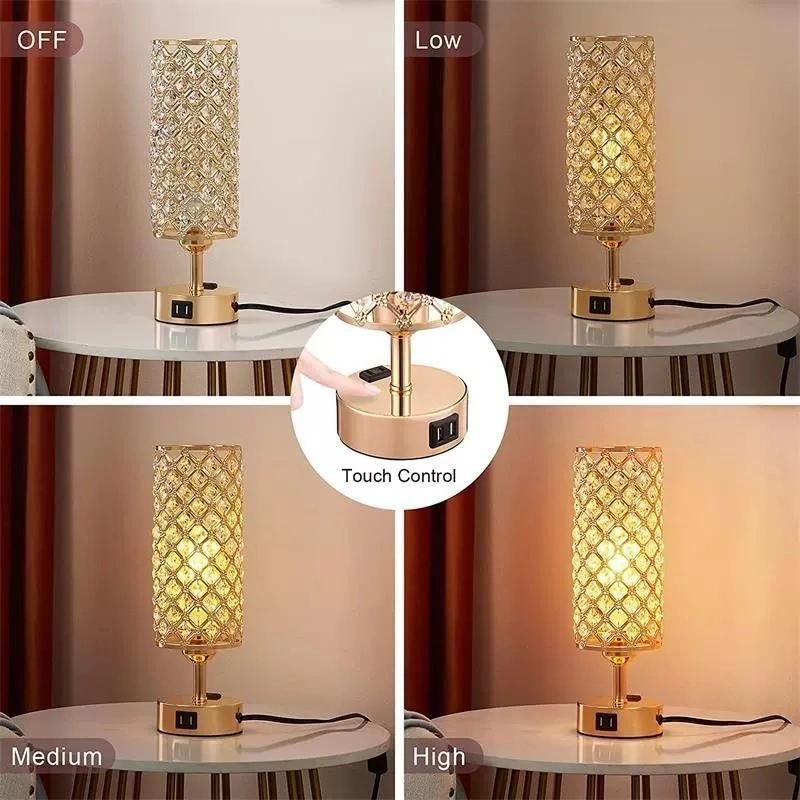 Touch Control Crystal Table Lamp Set of 2 Bedside Nightstand Lamps with 2 USB Charging Ports, Outlet, K9 Crystal Decorat