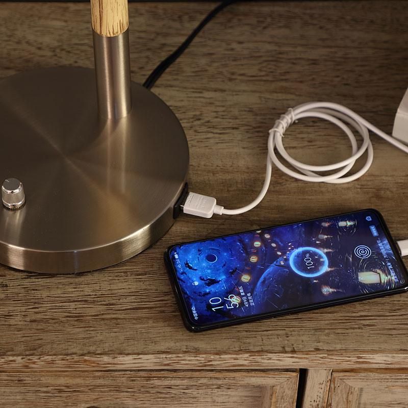 USB Table Lamp, LED Light Wood Finish Metal Desk Lamp, Adjustable Lampshade, Eye-Caring Reading Lamp