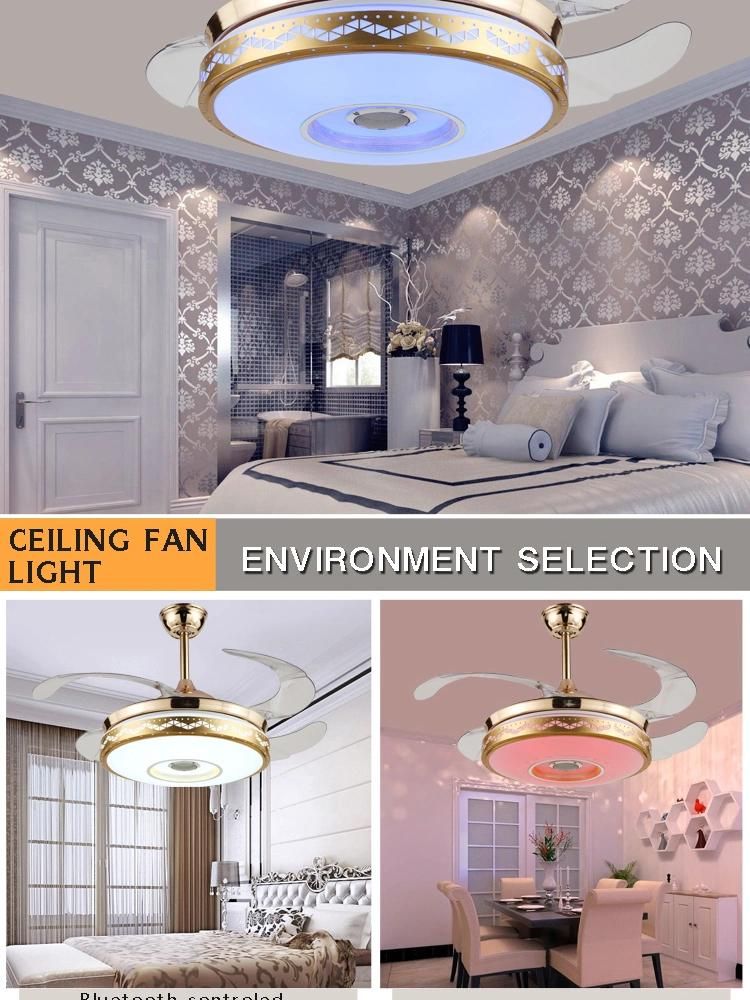 Hidden Blade Plastic Home Use Decorative Kitchen Lamp Ceiling Fan with Light Remote Bluetooth Control