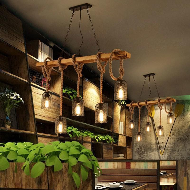 Loft Pendant Lamp Dining Room Restaurant Cafe Living Room Hemp Rope Wood Ceiling (WH-VP-134)