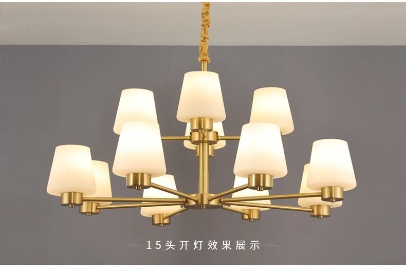 Europe Style Decoration Hotel Ceiling Hanging Copper Glass LED Chandelier Pendant Light