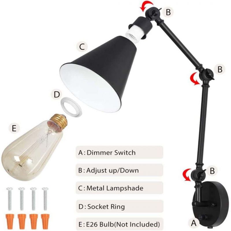 Swing Arm Wall Lamp Bedroom Plug in Wall Light Fixture Dimmable Switch Industrial Metal Black Wall Reading Sconce Living Room Farmhouse Hallway