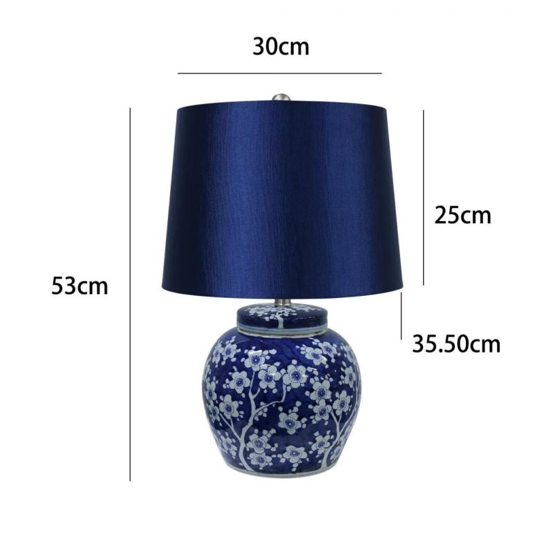 Porcelain Blue Table Lamp Modern Custom Simple Design Ceramic Light Fancy Bedside Lamps with Fabric Shade