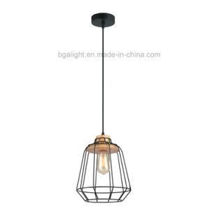 Wooden Base Metal Iron Cage Pendant Light Fixtures for Cafe House, Dinner Room, Living Room