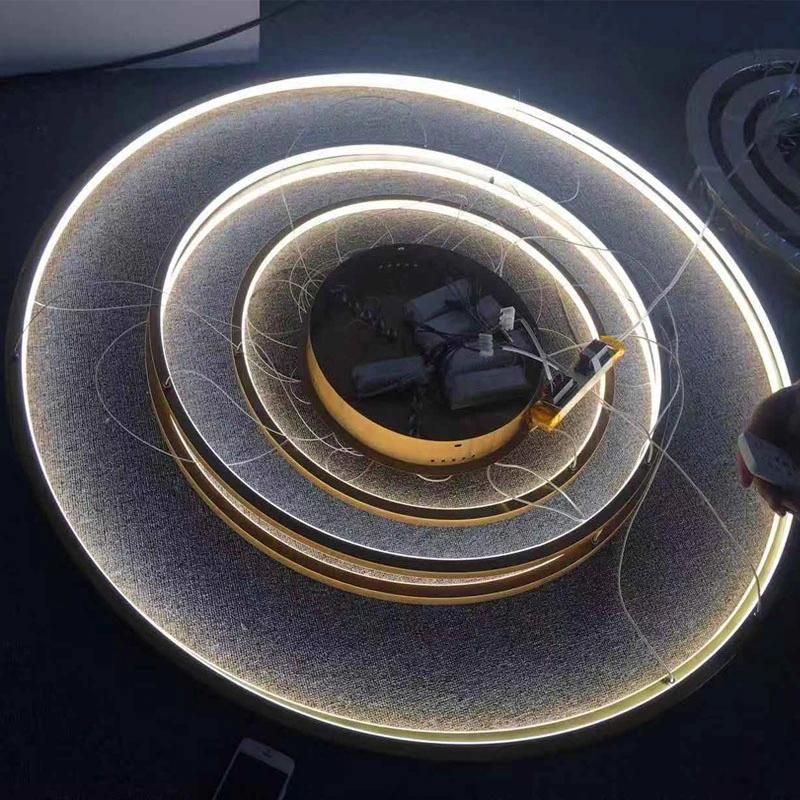 Customized Home Decor Unique Hanging Round Stainless Steel Golden Modern LED 5 Acrylic Rings Ceiling Light Pendant Chandelier