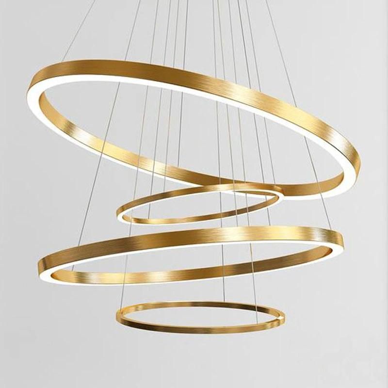 Customized Home Decor Unique Hanging Round Stainless Steel Golden Modern LED 5 Acrylic Rings Ceiling Light Pendant Chandelier