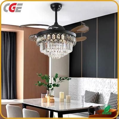 Decorative Luxury Retractable Chandelier Crystal Fancy Hidden Transparent Blade Ceiling Fan with Light