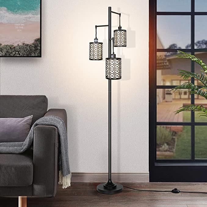 Industrial Tree Floor Lamp for Living Room with 3 Elegant Teardrop Cage Heads & St58 Edison LED Bulbs Sturdy Base Tall Vintage Pole Light Great for Farmhouse