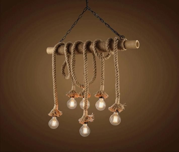 Retro Hand Made Rattan Hanging Ceiling Light Hemp Rope Pendant Lamp