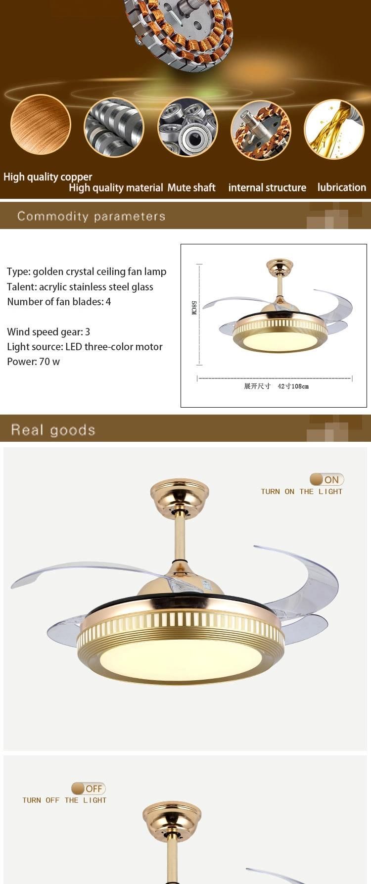 42 Inch Hidden Blades Retractable Invisible Crystal Chandelier Ceiling Fan Light
