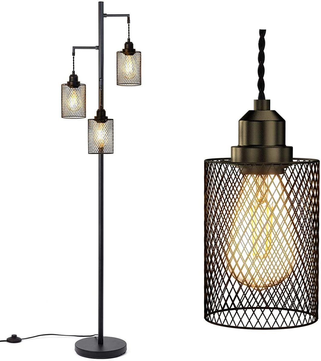 Industrial Tree Floor Lamp for Living Room with 3 Elegant Teardrop Cage Heads & St58 Edison LED Bulbs Sturdy Base Tall Vintage Pole Light Great for Farmhouse