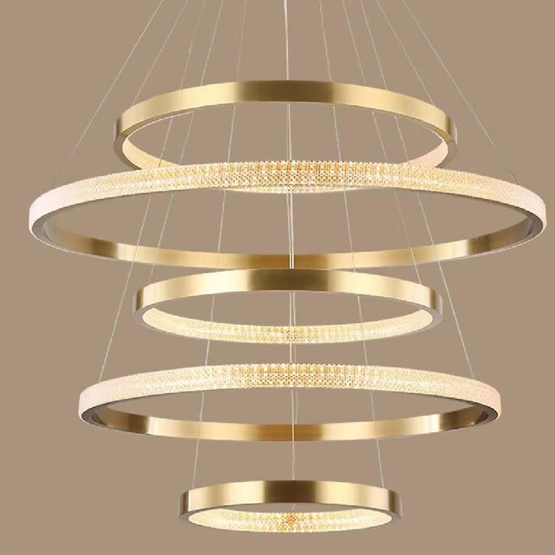 2022 Luxury 5 Rings Crystal Circular LED Big Living Room Round Light Gold Pendant Lamp Chandeliers for Villa