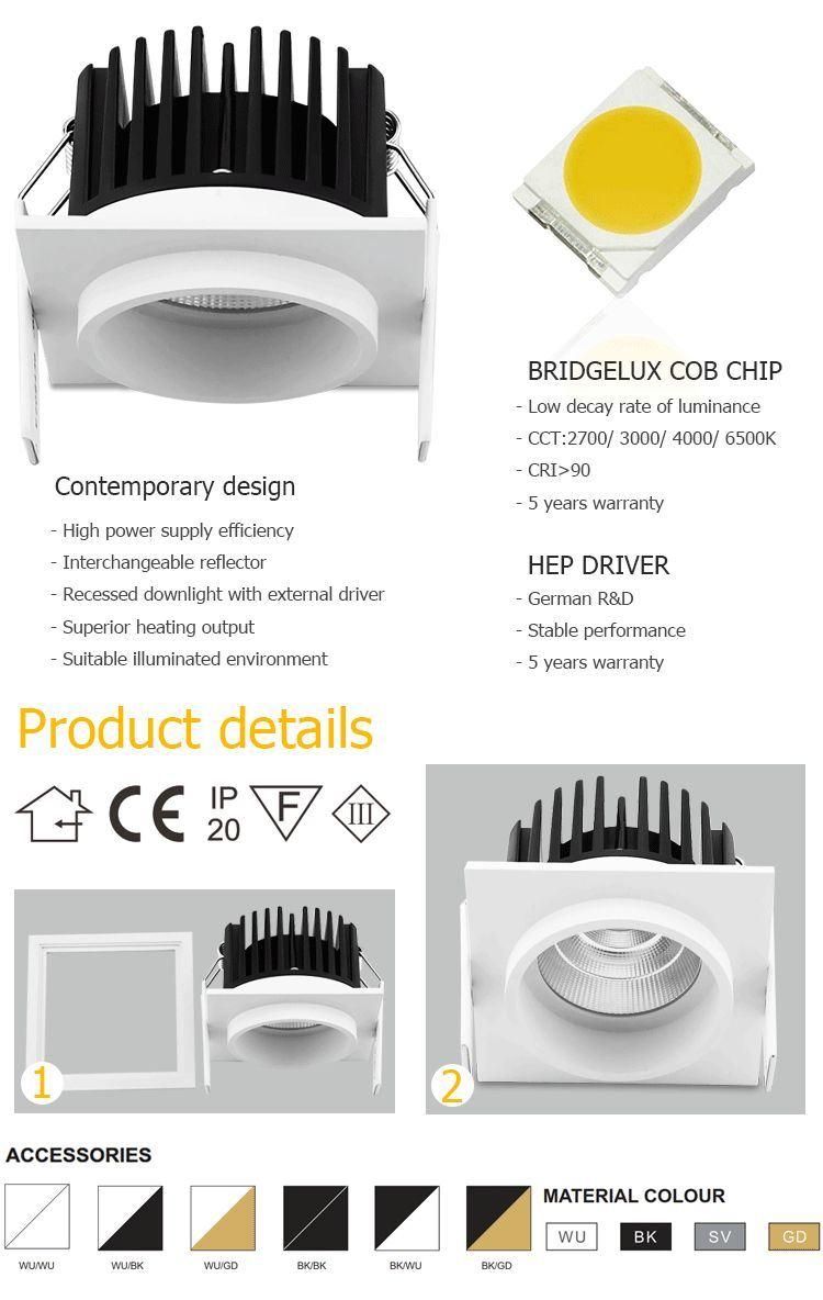 Aluminum 10W 15W Square 3000K COB Recessed LED Downlight