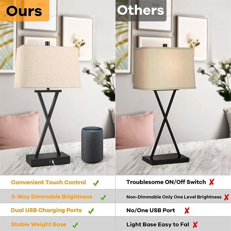 Modern USB Table Lamp Linen Shade Wireless Charge Table Lamps Black LED Light