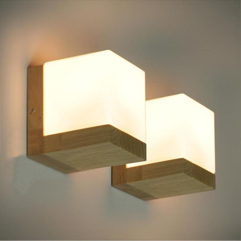 Modern Oak Wood Cube Sugar Shade Wall Lamp Bedroom Wooden Cube Wall Light (WH-OR-126)