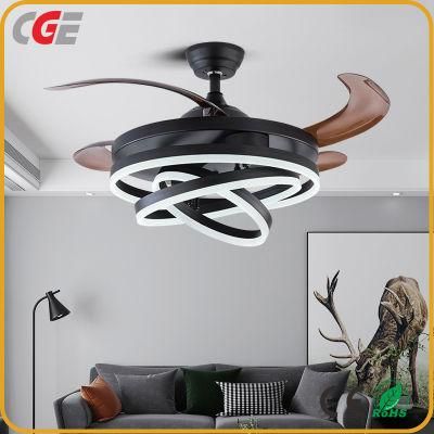 Modern Remote Control Hotel&Bedroom Big Lampshade Dimmable Light Ceiling Fan with Retractable Blades