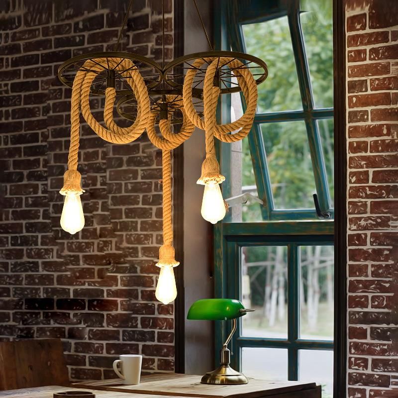 Vintage Hemp Rope Chandelier Lamp Hanging Pendant Light Ceiling Lights Indoor Decoration Lighting