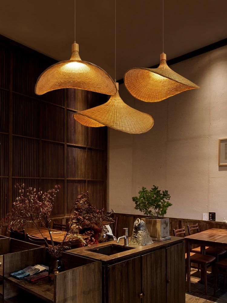 Wooden Weaving Bamboo Pendant Lights Handmade Bamboo Straw Hat Retro Chandelier (WH-WP-45)