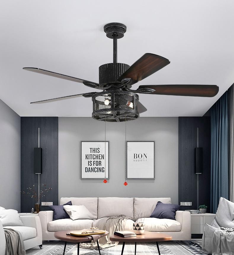 Industrial Cool Wind Retro Dining Room Living Room Wood Blade Leaf Fan Remote Control Electric Ceiling Fan Lamp