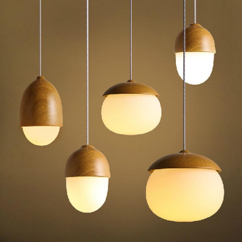 White Mini Glass Wooden Pendant Lamp Wooden Shell Chandelier Pendant Light