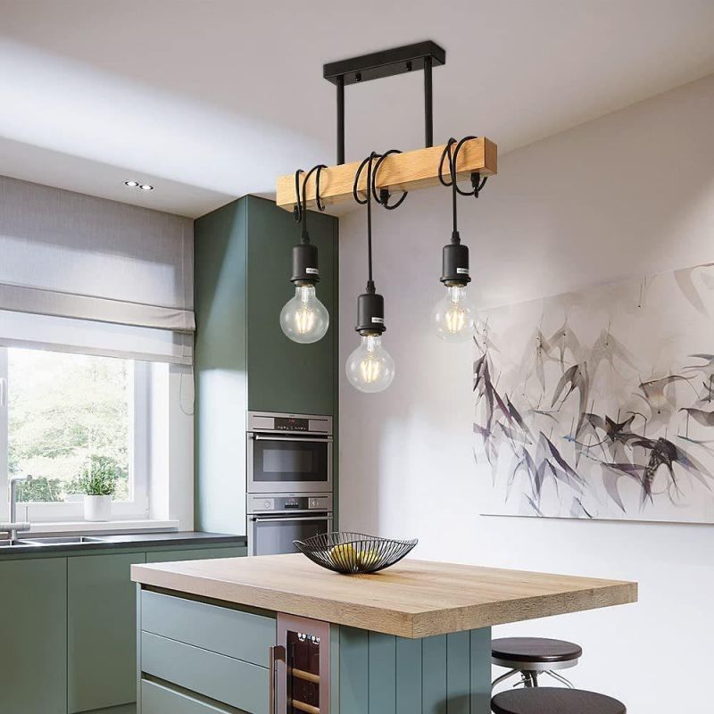 E27 Industrial Pendant Lighting, 3-Light Vintage Winding Lamp Loft Bar Wood Pendant Light (WH-VP-58)
