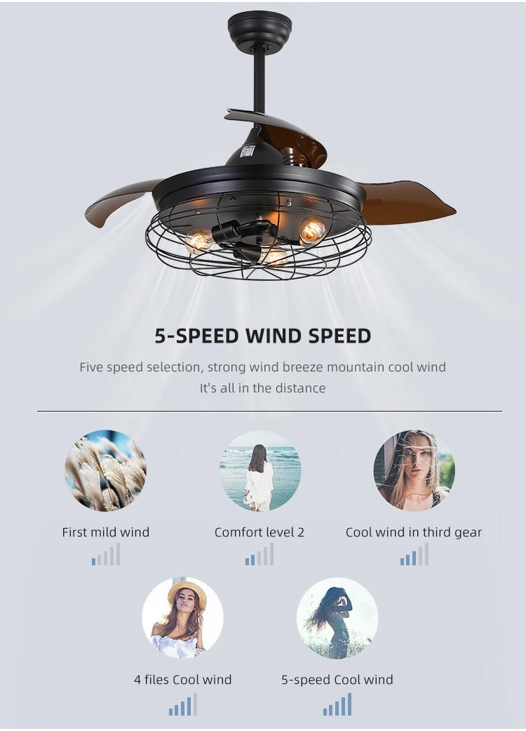 42 Inches Modern Luxury Retractable Chandelier Fancy Hidden Transparent Blade Ceiling Fan with LED Light