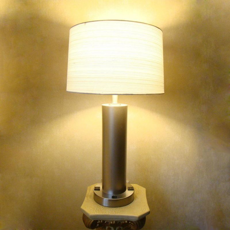 Metal Base in Stain Nickel Finish and White Fabric Shade Table Lamp.